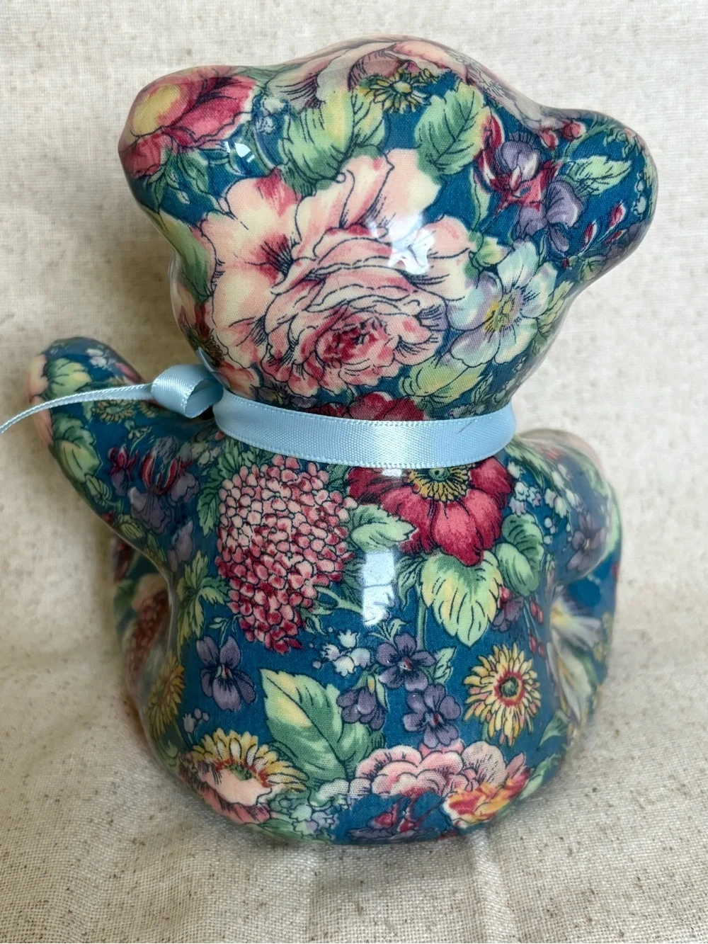 Joan Baker Porcelain Patchworks Teddy Bear Figurine with Blue Floral Pattern